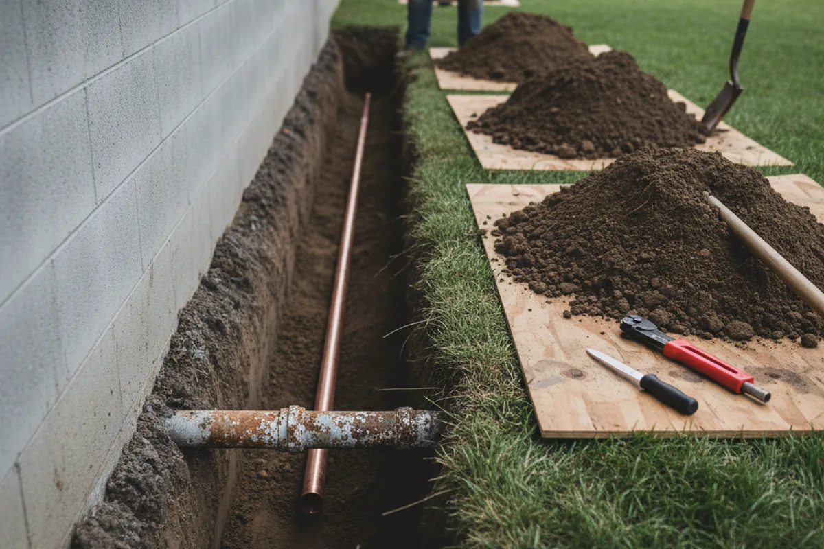 Excavated water line trench during Sewer Line Repair in Greenwood Lake